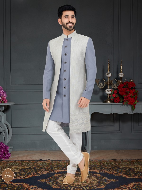 Jacquard  Silk IndoWestern Ready Made Dress in Grey