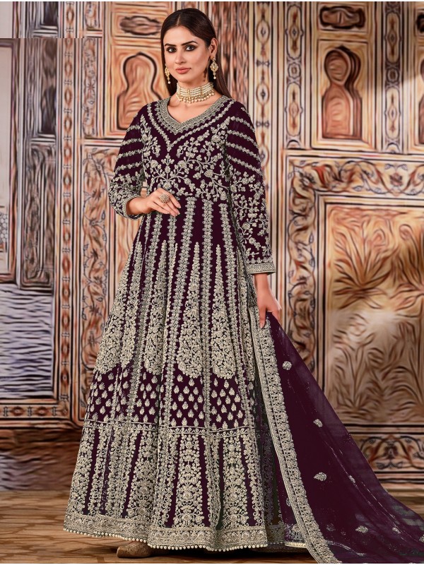 Soft Premium Net Party Wear Gown In Wine Color with Embroidery Work