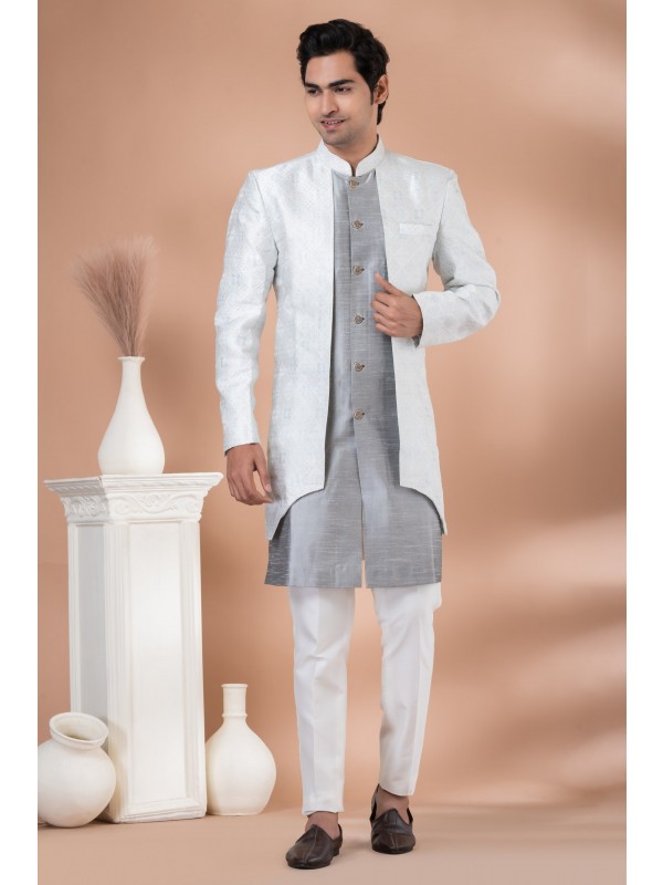 Jacquard & Banarasi Dhupion Silk Fabric IndoWestern Ready Made Dress in Grey Color