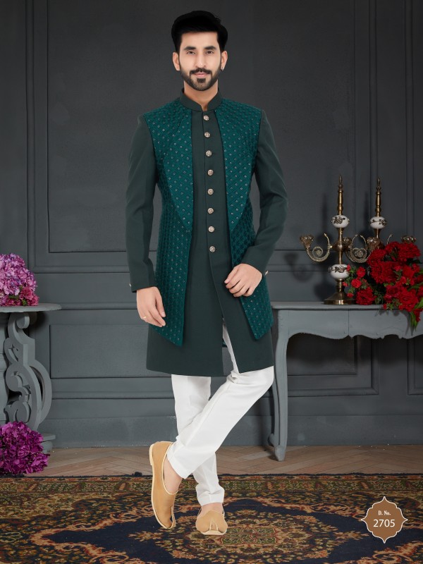 Jacquard Silk IndoWestern Ready Made Dress in Dark Green Color 