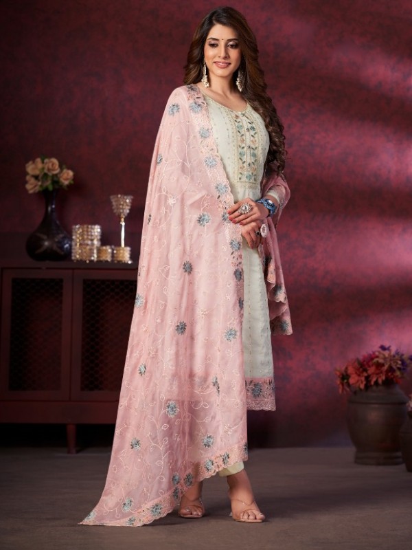 Organza Silk Party Wear  Suit  in White & Pink Color with  Embroidery Work