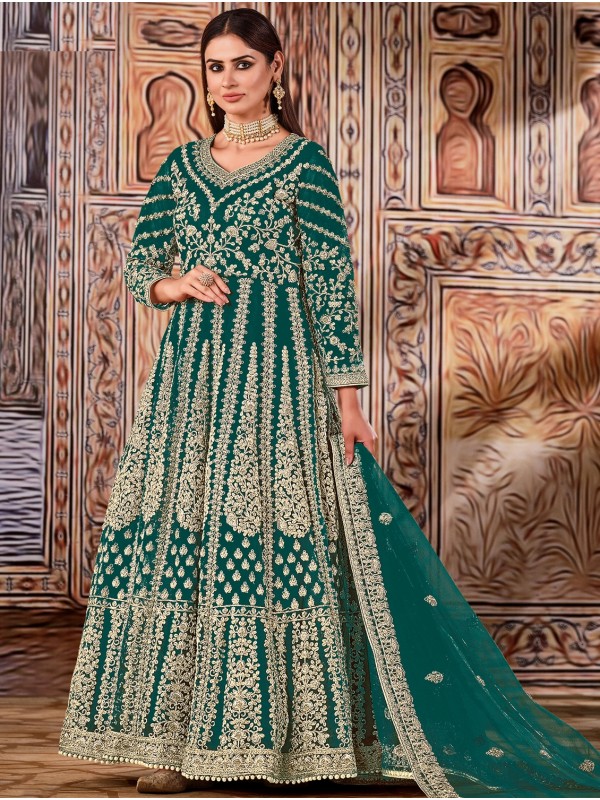 Soft Premium Net Party Wear Gown In Green Color with Embroidery Work