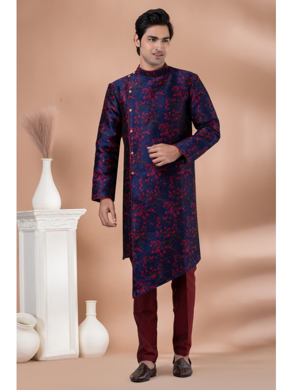 Jacquard Silk Fabric IndoWestern Ready Made Dress in Navy Blue Color