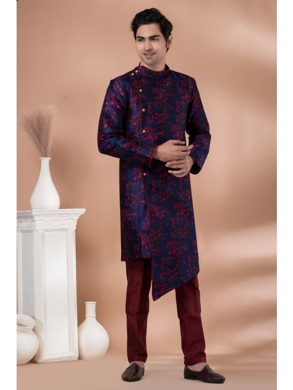 Jacquard Silk Fabric IndoWestern Ready Made Dress in Navy Blue Color