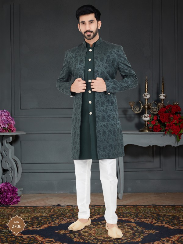 Jacquard Silk IndoWestern Ready Made Dress in Olive Green Color 