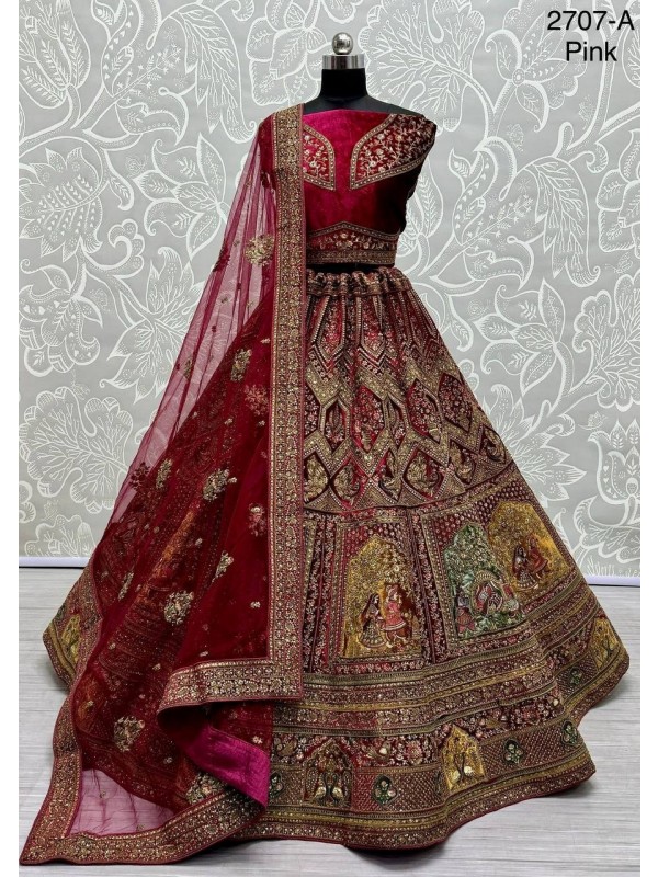 Pure Micro Velvet Bridal  Wear Lehenga In  Pink Color With Embroidery Work 