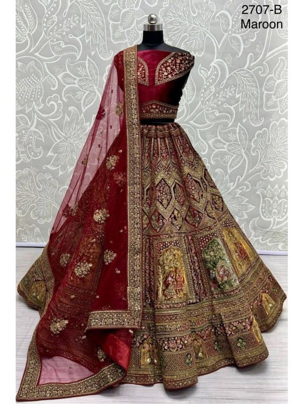 Pure Micro Velvet Bridal  Wear Lehenga In  Maroon Color With Embroidery Work 