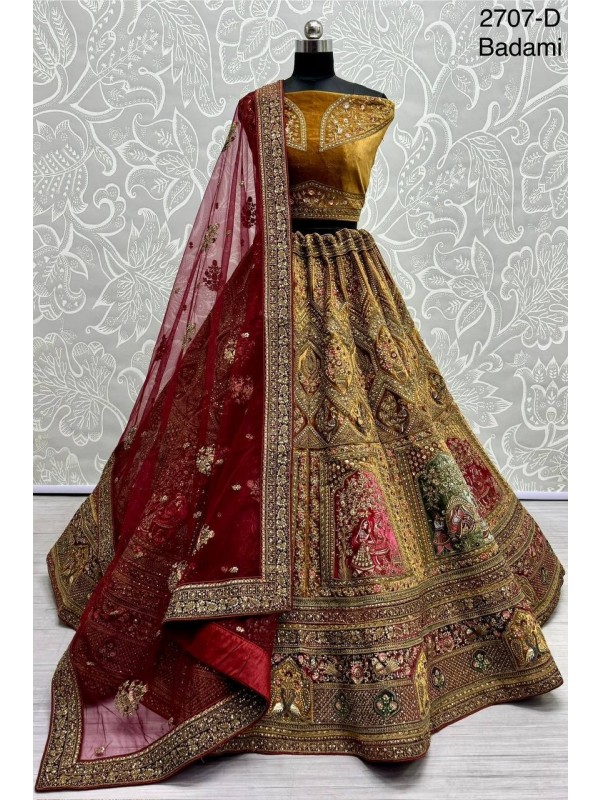 Pure Micro Velvet Bridal  Wear Lehenga In Mustard Color With Embroidery Work 