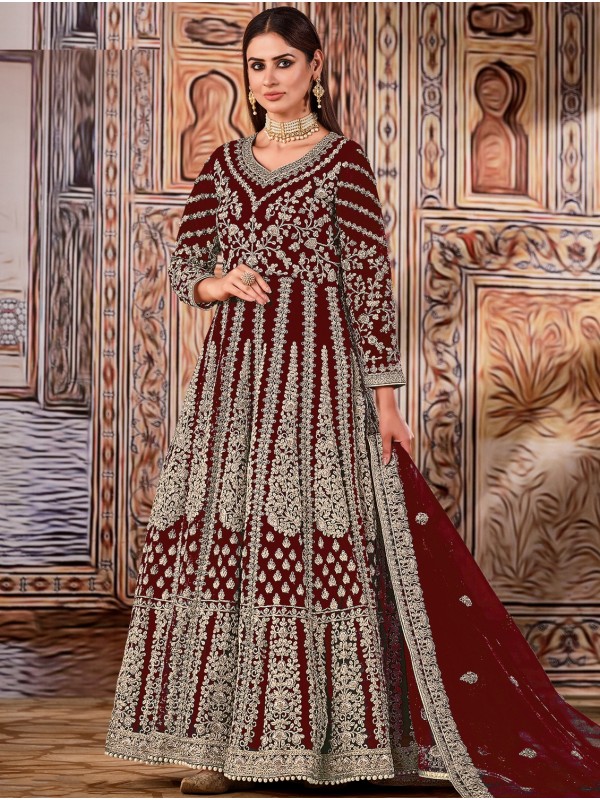 Soft Premium Net Party Wear Gown In Maroon Color with Embroidery Work