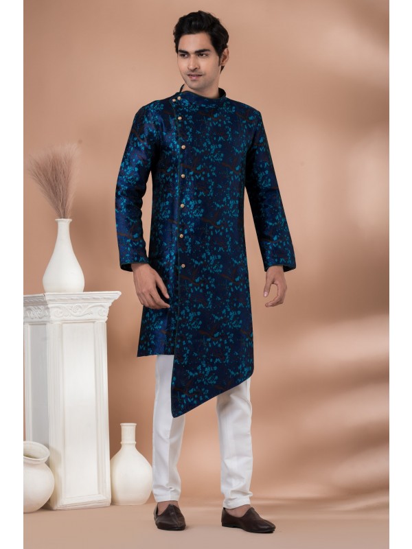 Jacquard Silk Fabric IndoWestern Ready Made Dress in Navy Blue Color