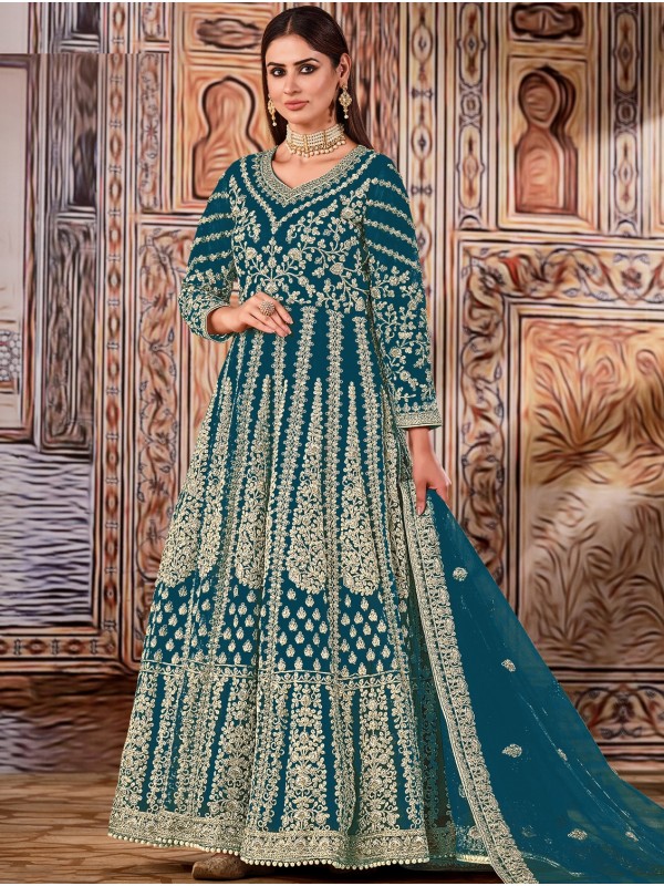 Soft Premium Net Party Wear Gown In Blue Color with Embroidery Work