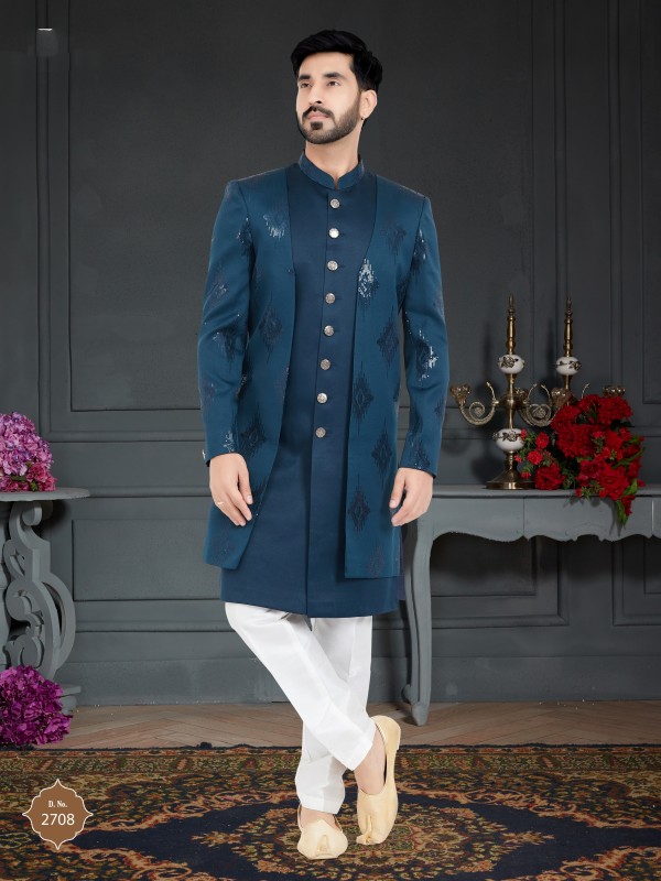 Jacquard Silk IndoWestern Ready Made Dress in Teal Blue Color 