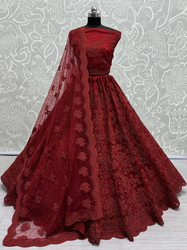 Soft Premium Net Wedding Wear Lehenga In  Red Color With Embroidery Work