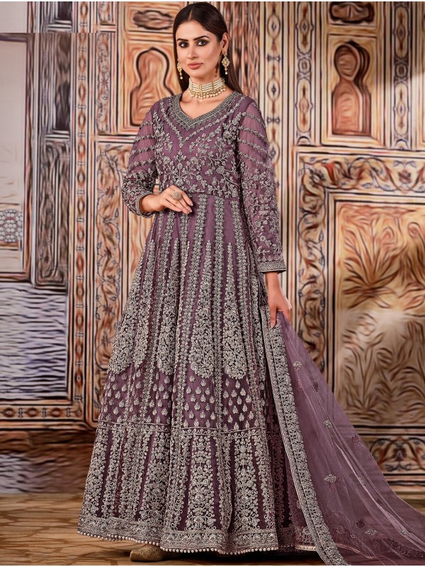 Soft Premium Net Party Wear Gown In Purple Color with Embroidery Work