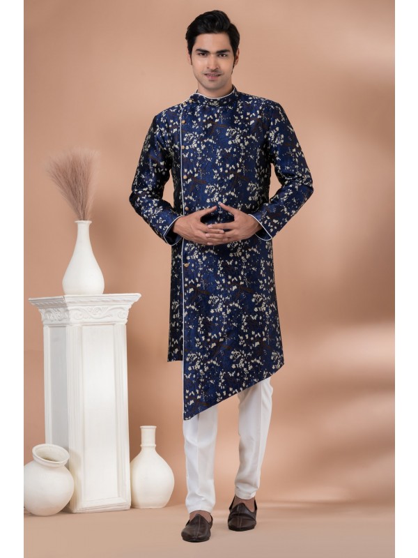 Jacquard Silk Fabric IndoWestern Ready Made Dress in Navy Blue Color