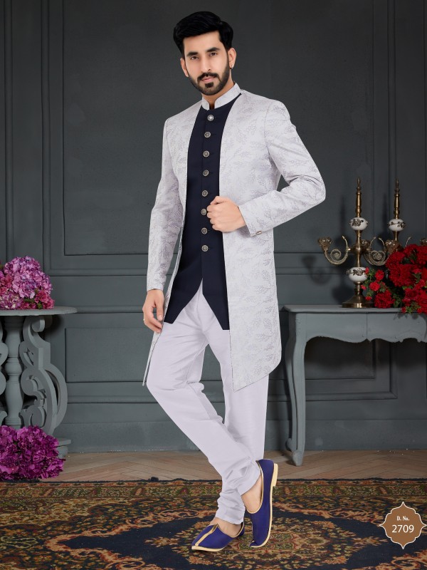 Jacquard Silk IndoWestern Ready Made Dress in Navy Blue & Grey Color 