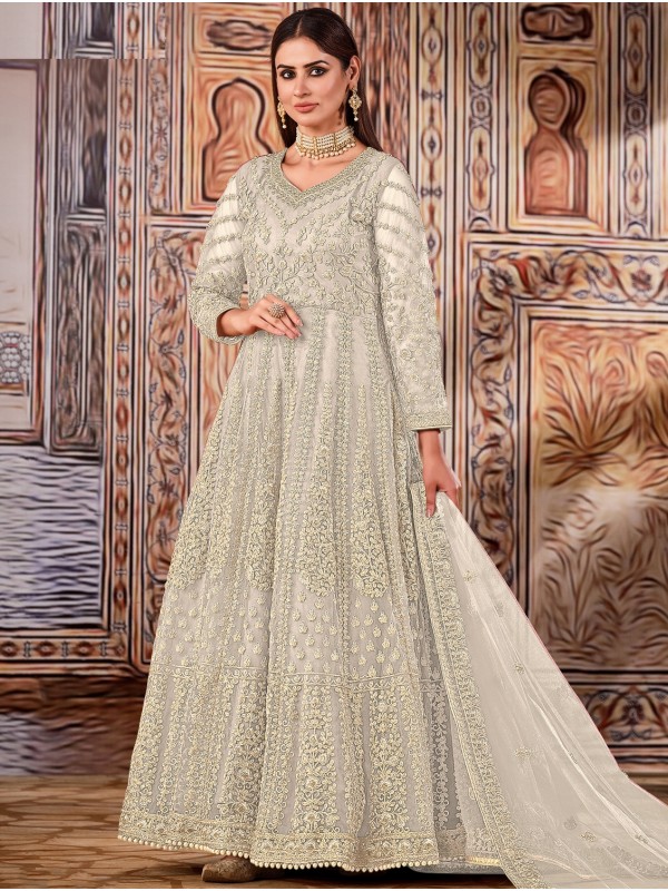 Soft Premium Net Party Wear Gown In Cream Color with Embroidery Work
