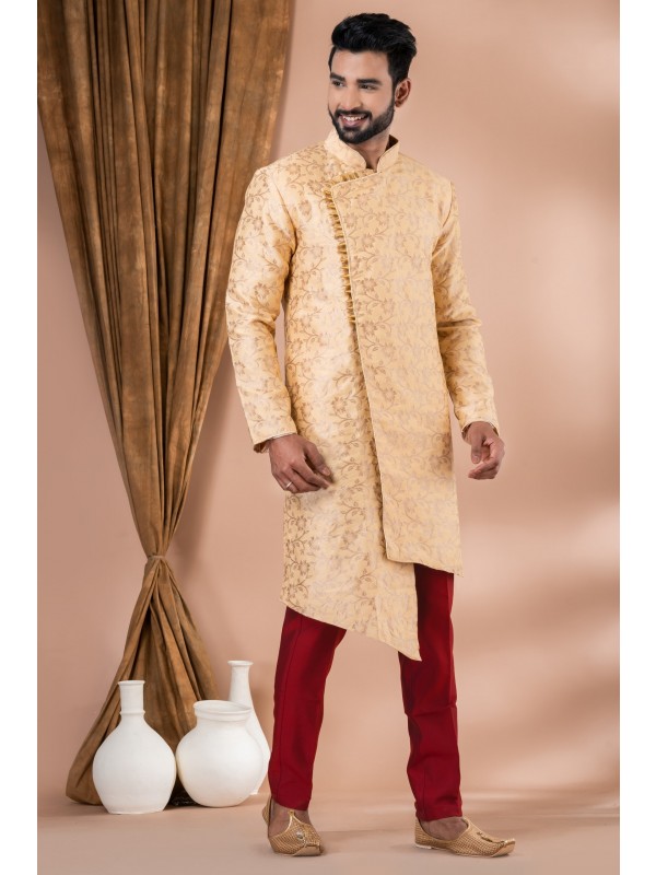 Jacquard Silk Fabric IndoWestern Ready Made Dress in Cream Color
