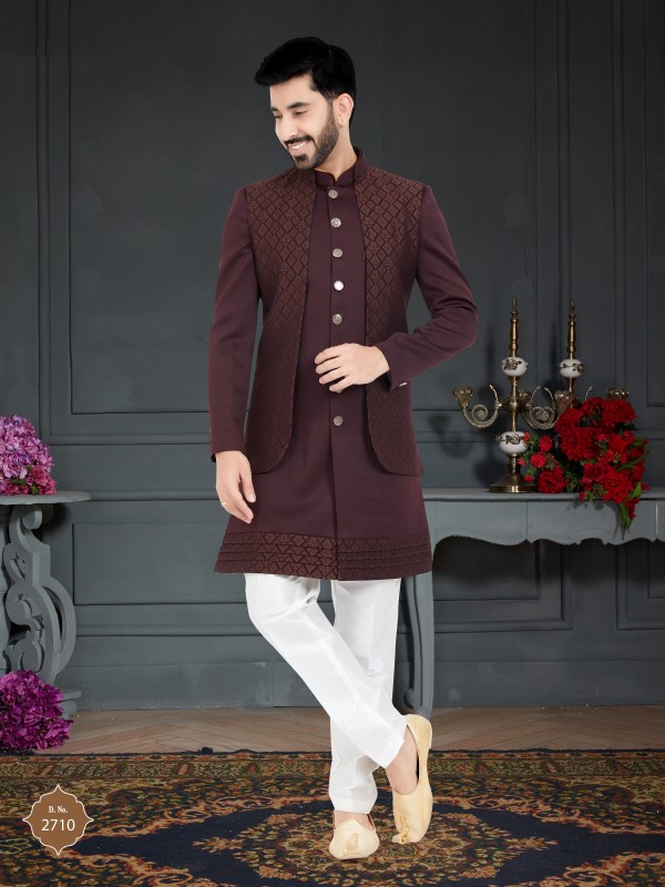 Jacquard Silk IndoWestern Ready Made Dress in Maroon Color 