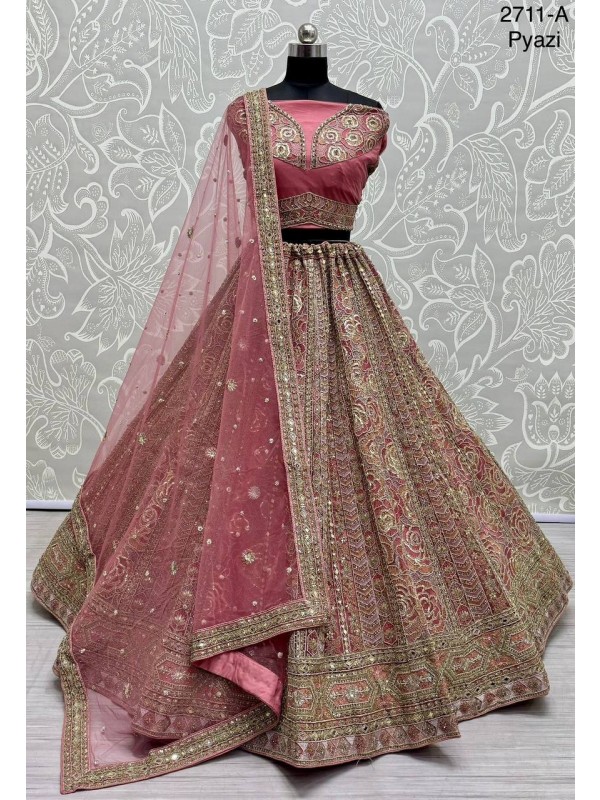 Soft Premium Net Wedding Wear Lehenga In Pink Color  With Embroidery Work