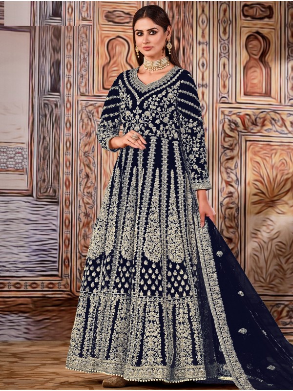 Soft Premium Net Party Wear Gown In Blue Color with Embroidery Work
