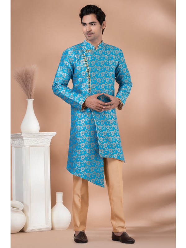 Jacquard Silk Fabric IndoWestern Ready Made Dress in Sky Blue Color