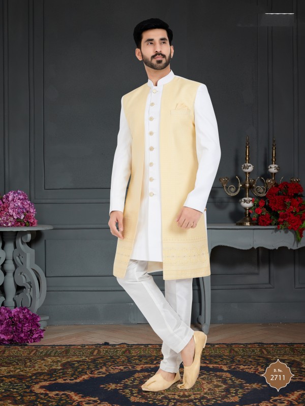 Jacquard  Silk IndoWestern Ready Made Dress in Dark Cream 