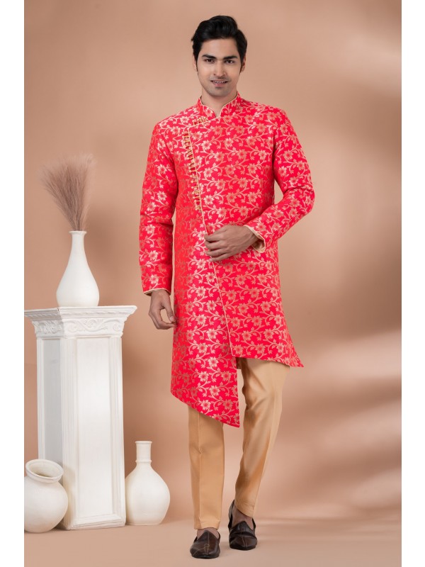 Jacquard Silk Fabric IndoWestern Ready Made Dress in Red Color