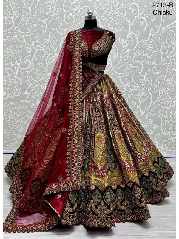 Pure Micro Velvet Bridal  Wear Lehenga In Beige Color With Embroidery Work 