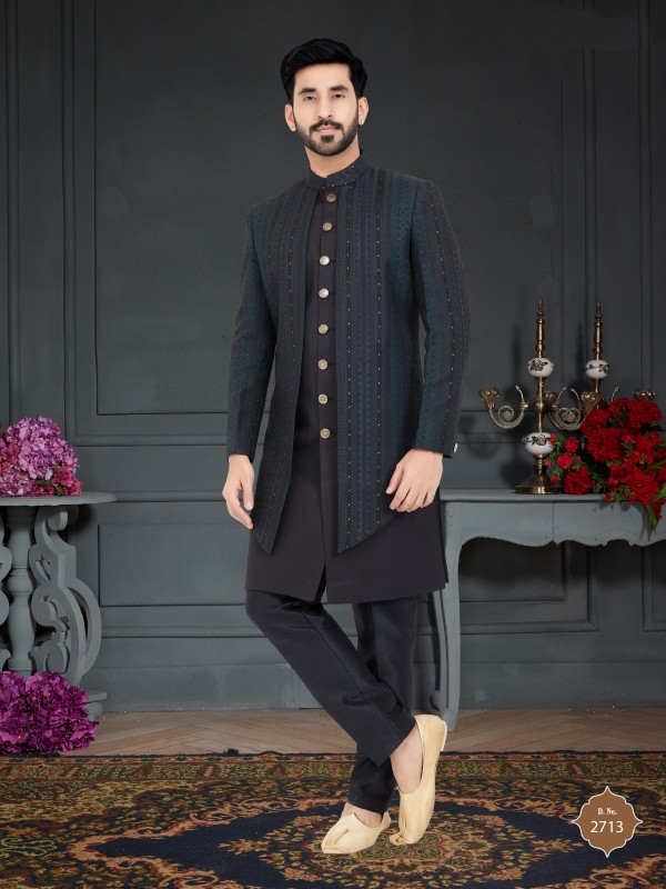 Jacquard Silk IndoWestern Ready Made Dress in Black & Rama Color 