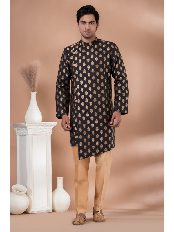 Jacquard Silk Fabric IndoWestern Ready Made Dress in Black Color