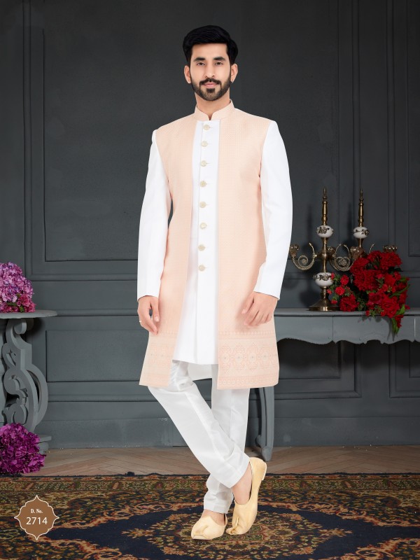 Jacquard  Silk IndoWestern Ready Made Dress in Peach Color 