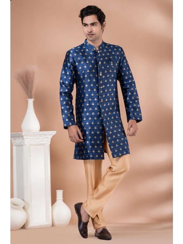 Jacquard Silk Fabric IndoWestern Ready Made Dress in Royal Blue Color