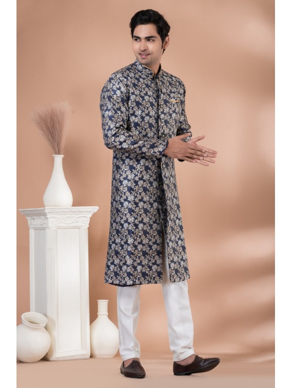 Jacquard Silk Fabric IndoWestern Ready Made Dress in Grey Color