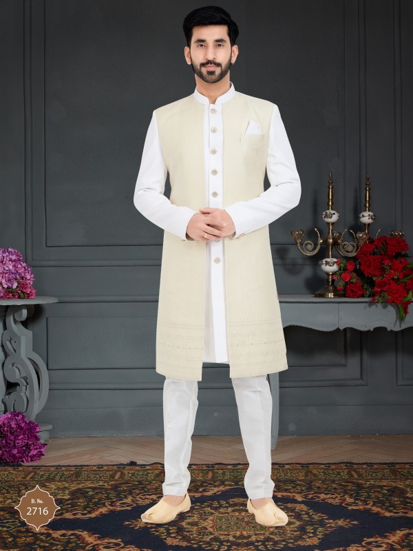 Jacquard Silk IndoWestern Ready Made Dress in Cream Color 