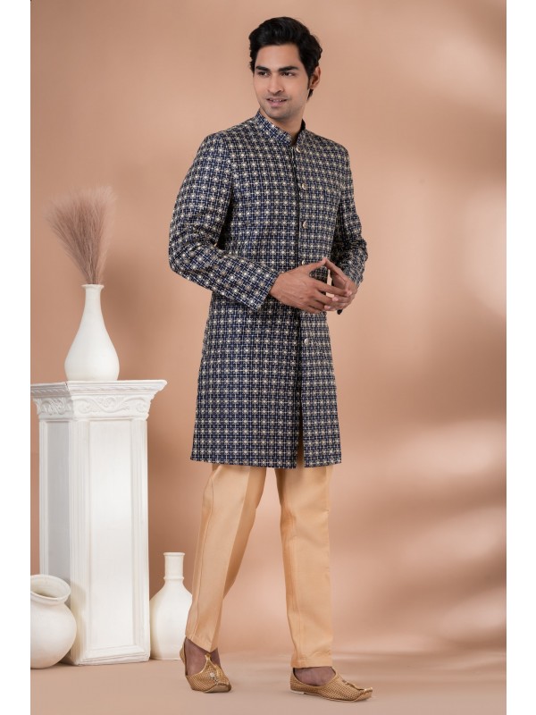 Pure Silk Fabric IndoWestern Ready Made Dress in Royal Blue Color