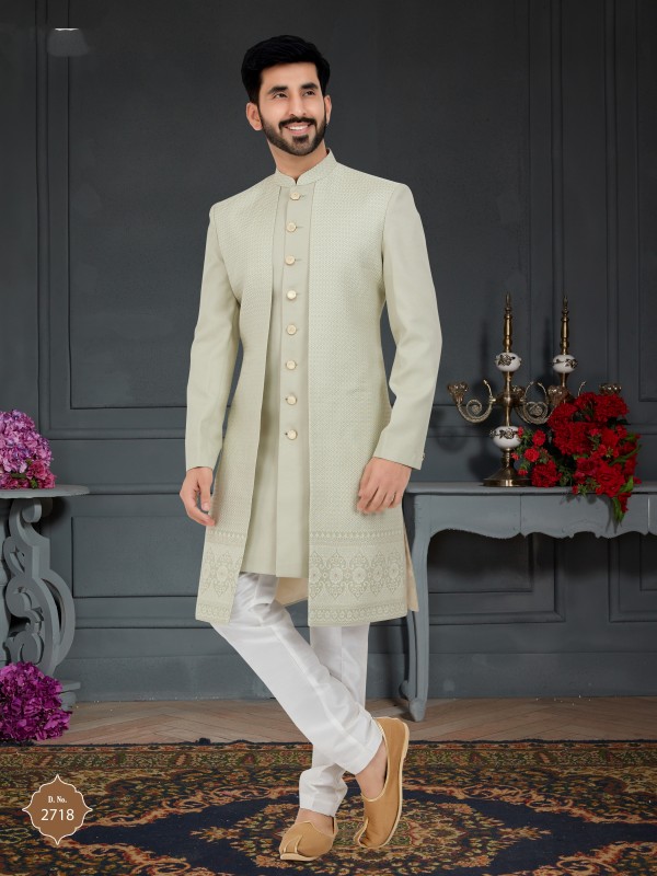 Jacquard  Silk IndoWestern Ready Made Dress in Olive Green Color 