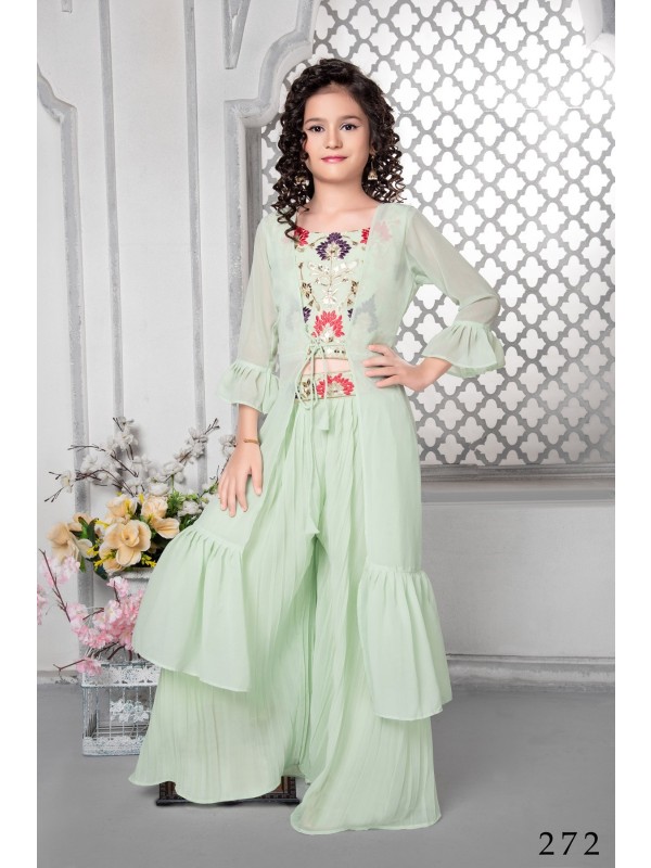 Georgette  Party Wear Kids Plazo In Sea Green  With Embroidery Work 