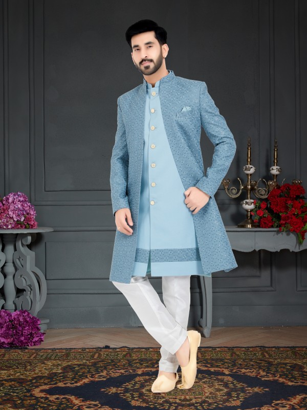 Heritage Silk IndoWestern Ready Made Dress in Sky Blue Color 