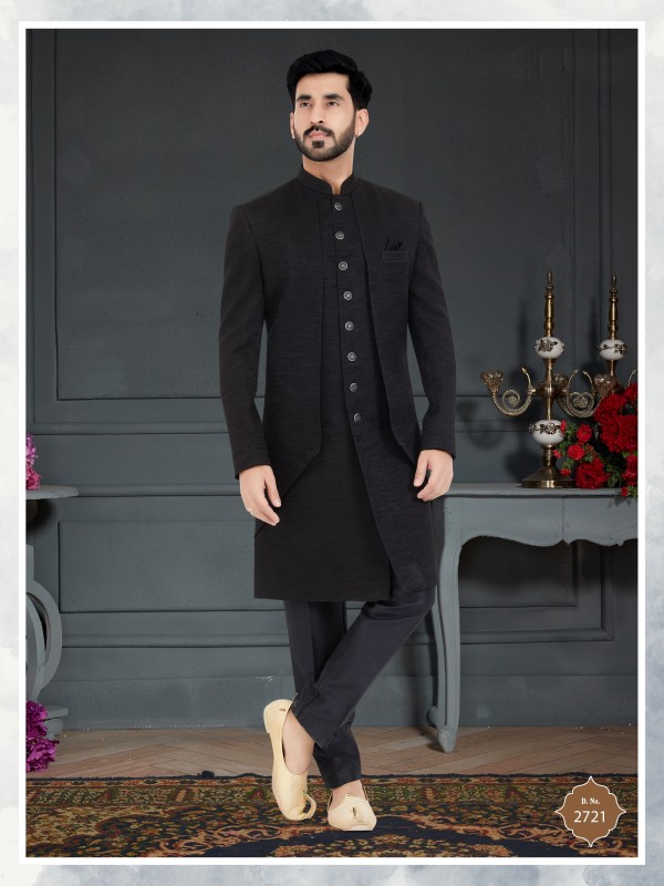 Jacquard Silk IndoWestern Ready Made Dress in Black Color 