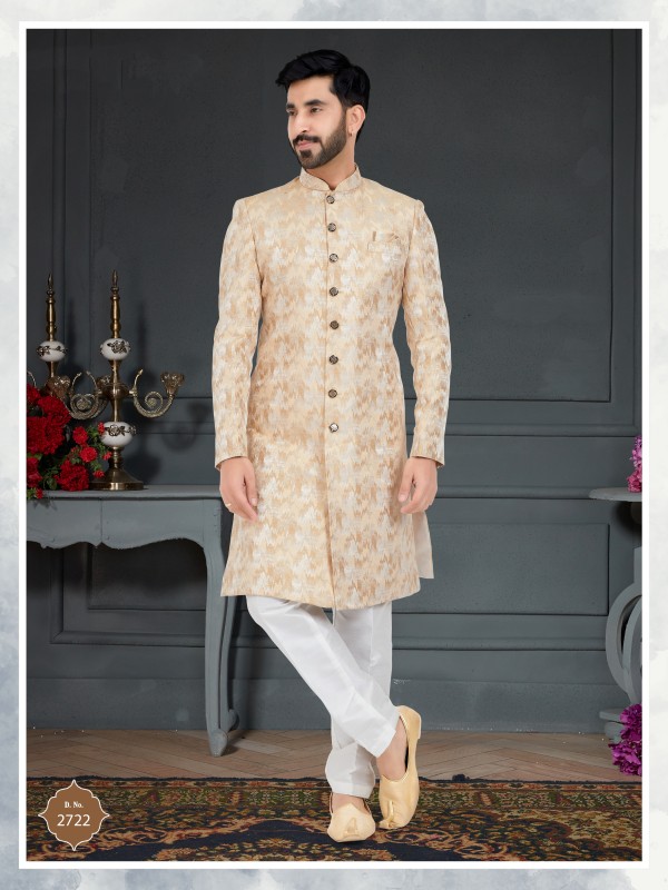Jacquard Silk IndoWestern Ready Made Dress in Cream Color 