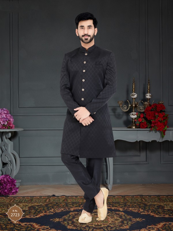 Jacquard Silk IndoWestern Ready Made Dress in Black Color 