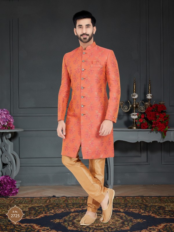 Jacquard Silk IndoWestern Ready Made Dress in Orange Color 