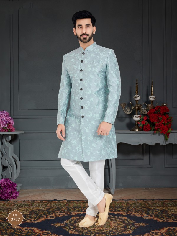 Jacquard Silk IndoWestern Ready Made Dress in Sea Blue Color 