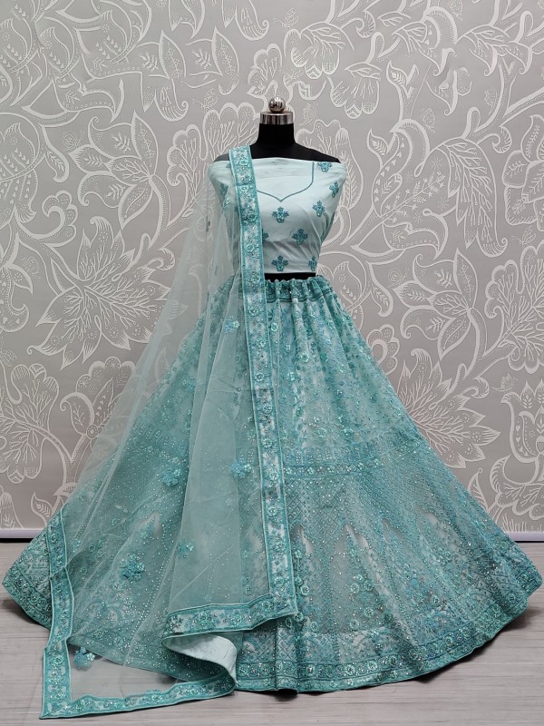 Soft Premium Net Wedding Wear Lehenga In Aqua Sky Color With Embroidery Work
