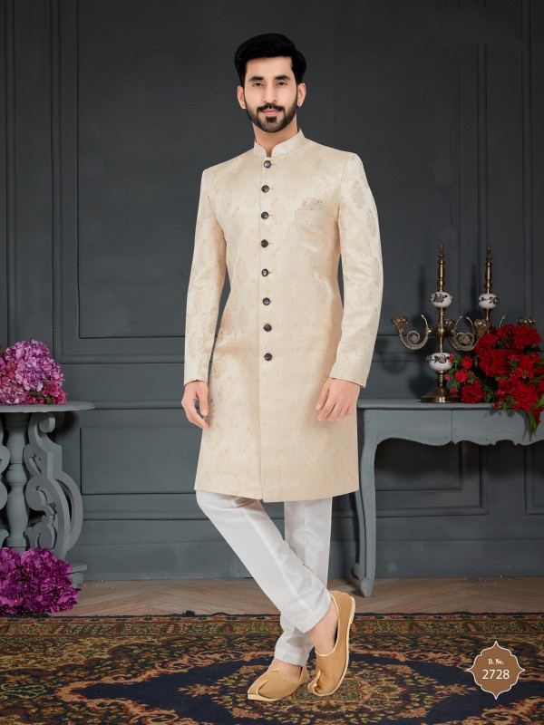 Jacquard Silk IndoWestern Ready Made Dress in Cream Color 