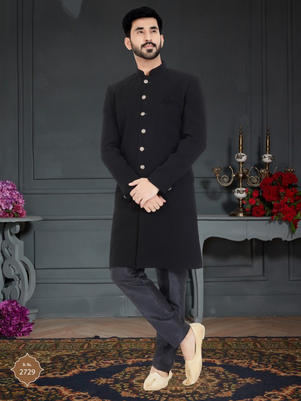 Jacquard Silk IndoWestern Ready Made Dress in Dark Balck Color 