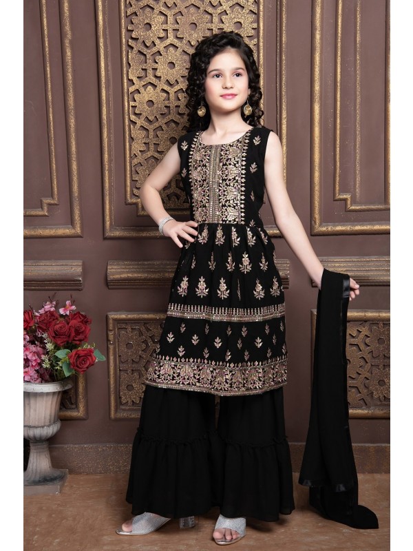 Georgette  Party Wear Kids Sharara In Black With Embroidery Work 