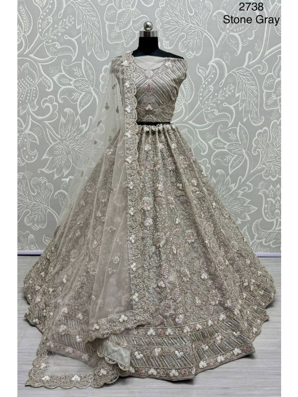 Soft Premium Net Wedding Wear Lehenga In Grey Color  With Embroidery Work