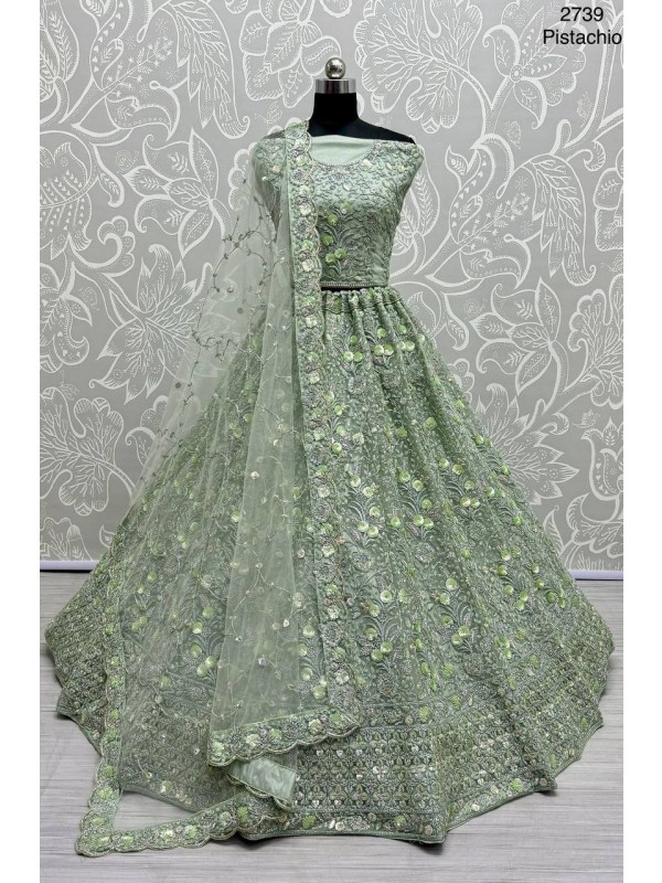 Soft Premium Net Wedding Wear Lehenga In Sea Green Color  With Embroidery Work